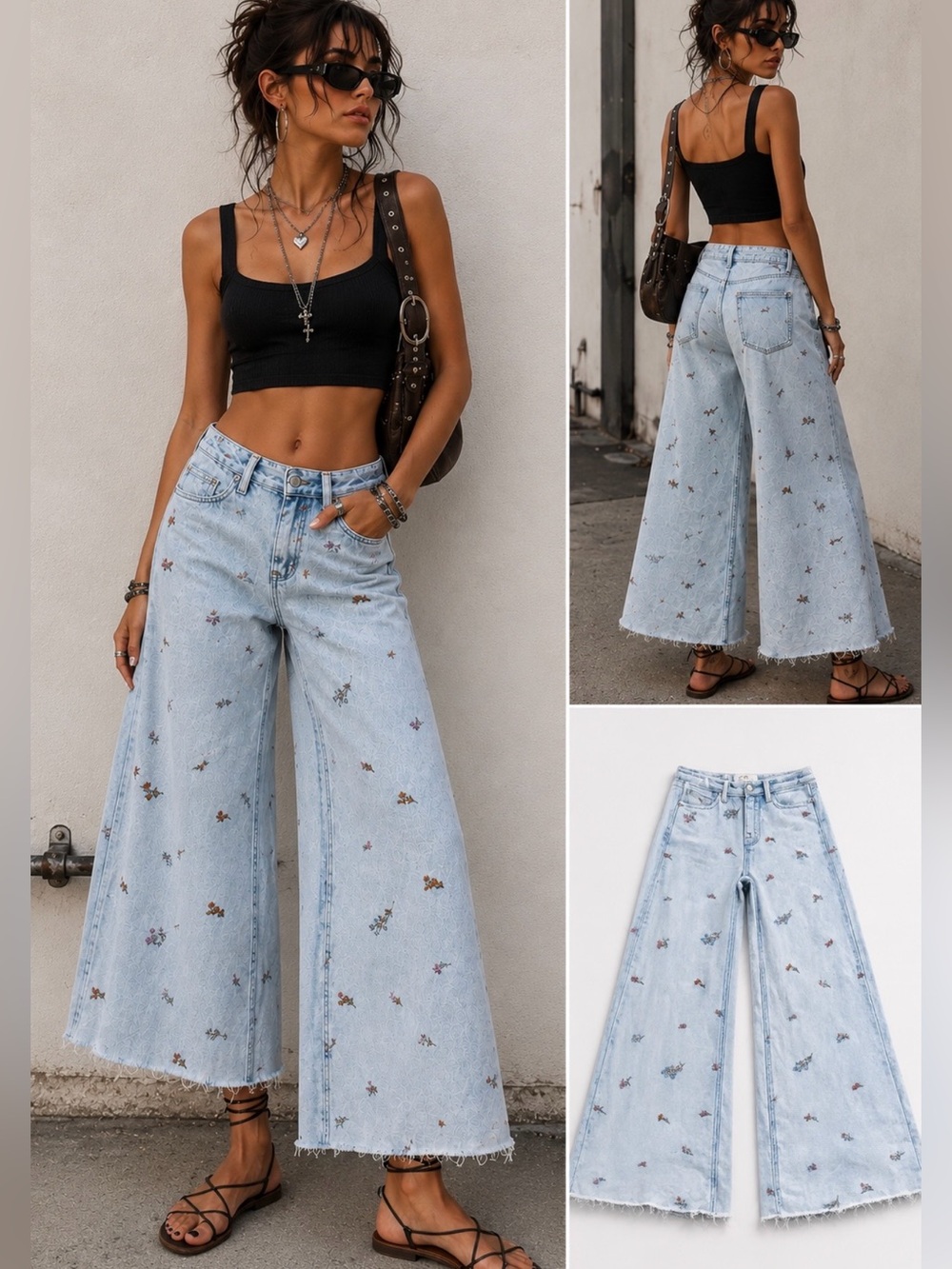 Driftwood Floral Embroidered Wide Leg Gaucho Jeans Light Wash Raw Hem Sz 24🧡